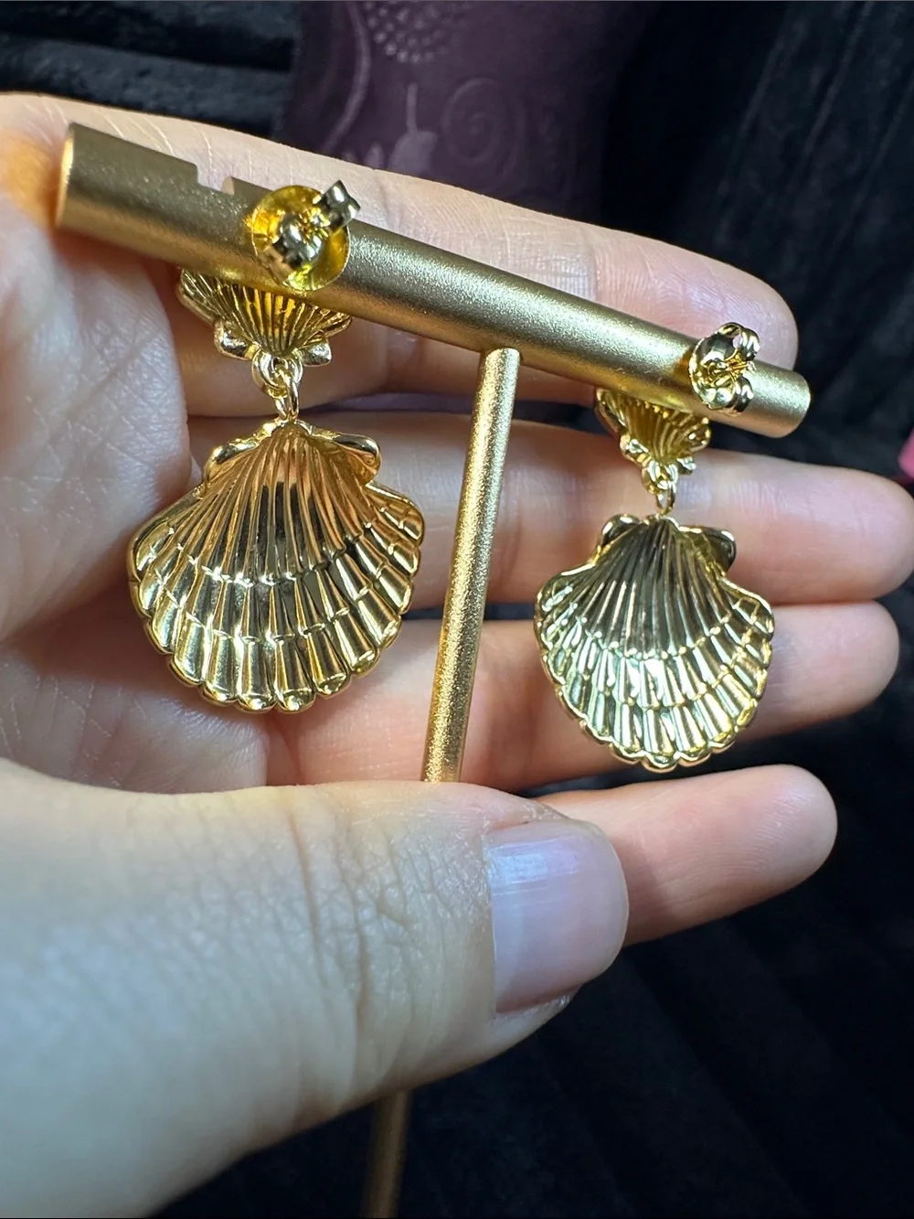 Kenneth Jay Lane Gold Shell Double-Drop Earrings - Picture 6 of 8